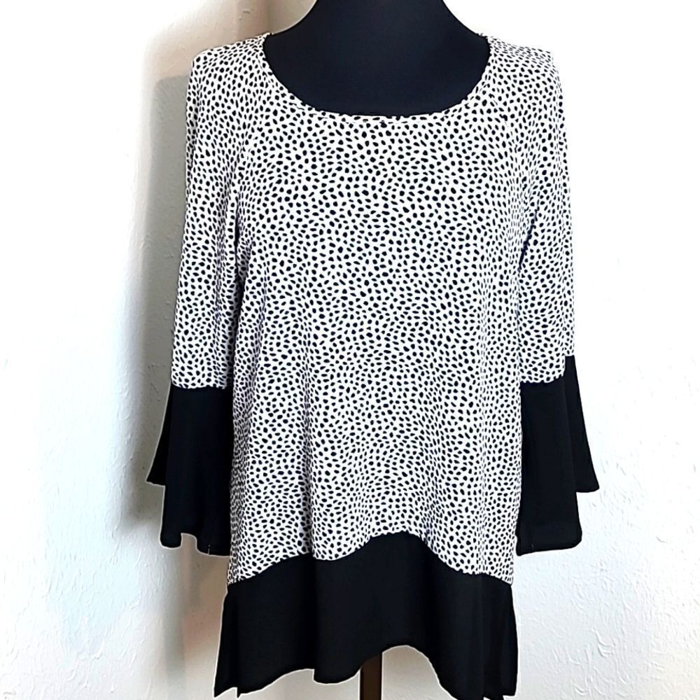 Grey & Gray Black & White Dot Blouse with Solid Black Trim, Size Medium